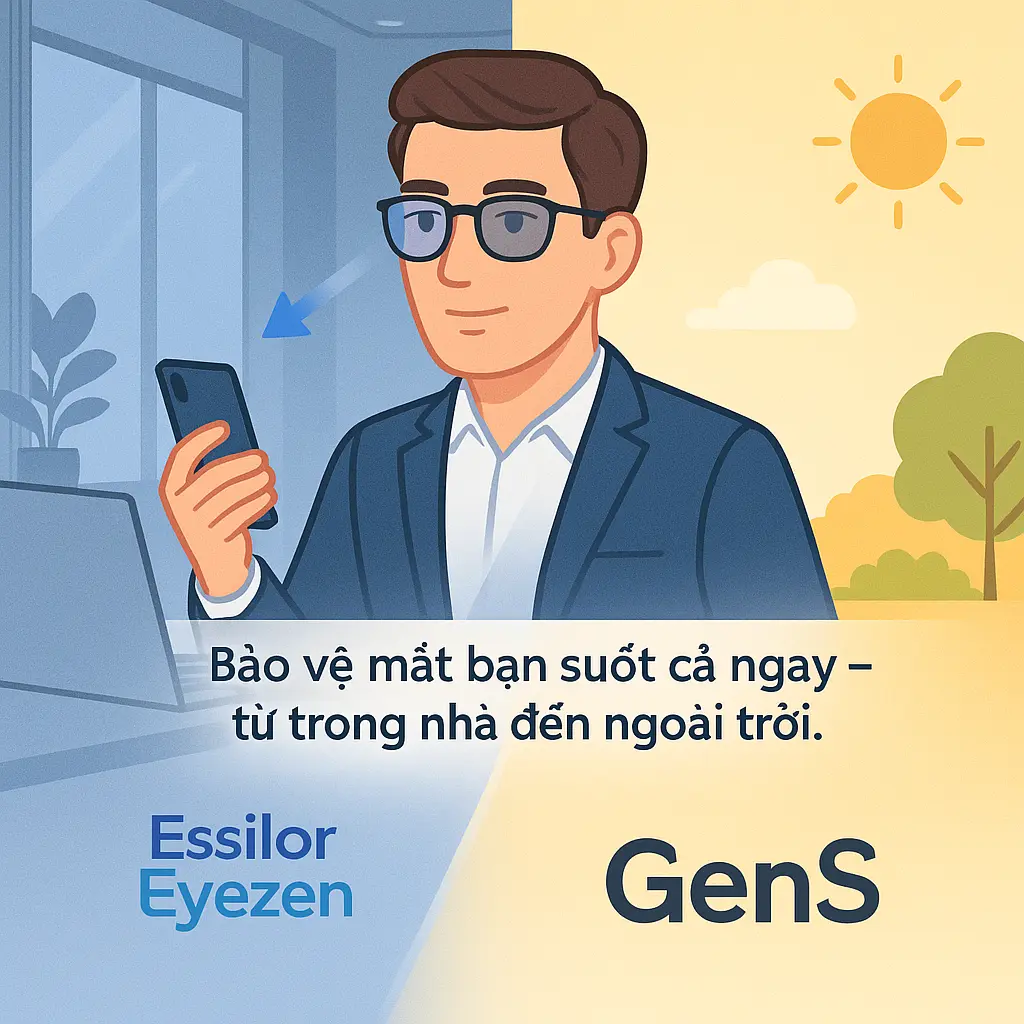 Tròng kính Eyezen kết hợp Transitions Gen S bảo vệ mắt trong nhà và ngoài trời